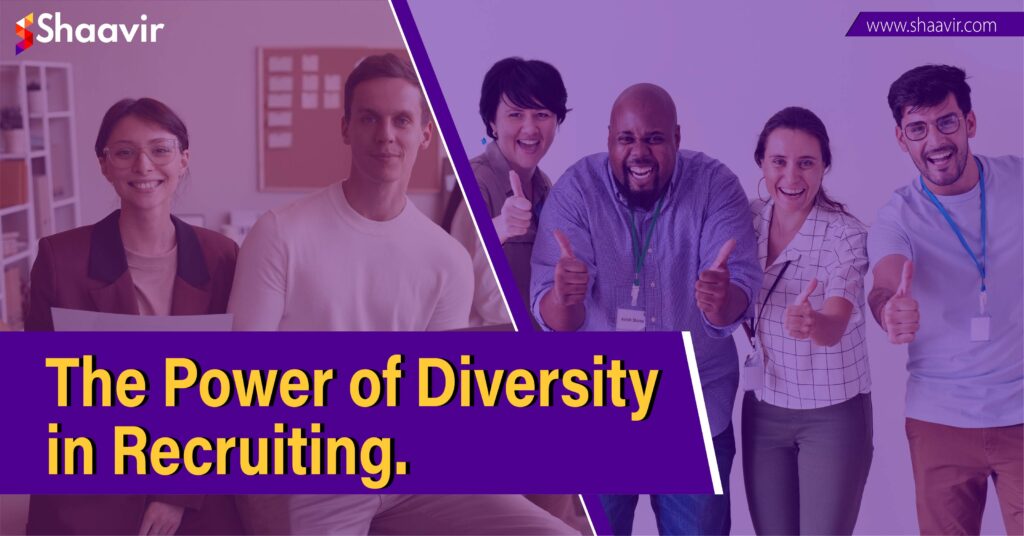 A group of diverse individuals with obscured faces, giving thumbs up, with a title “The Power of Diversity in Recruiting” displayed prominently