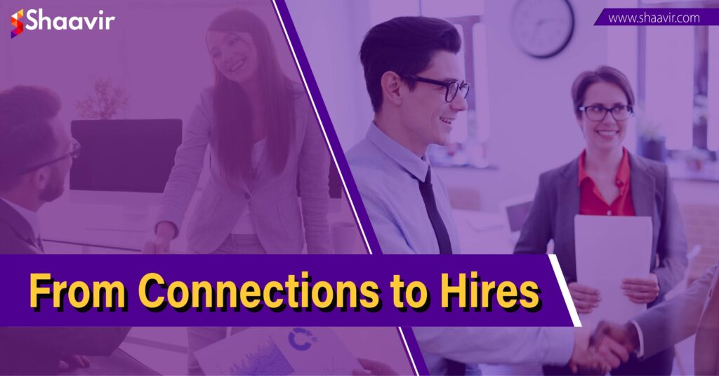 A professional networking image showing individuals connecting and getting hired