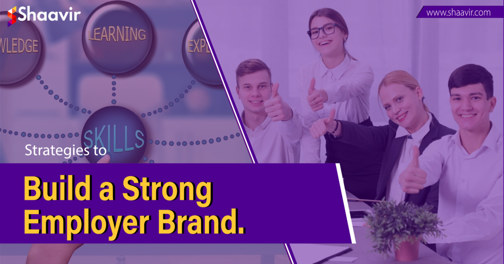 A promotional image for building a strong employer brand, featuring a group of professionals with thumbs up and text overlay.