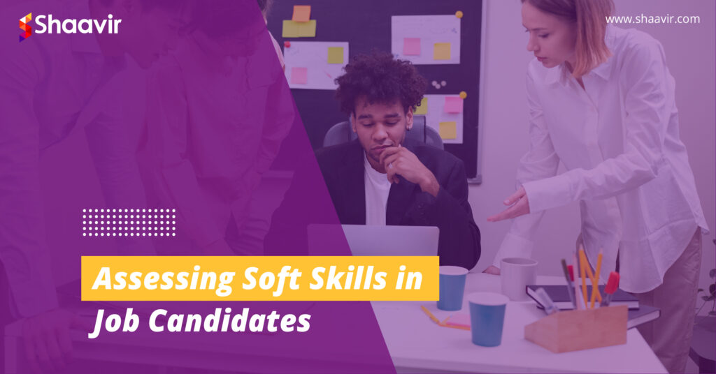 A graphic image for a blog post on Shaavir.com about assessing soft skills in job candidates, with the faces of two individuals engaging in a discussion obscured.