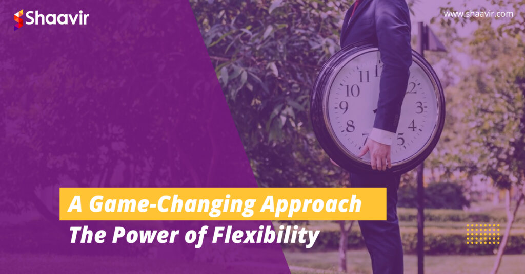 A person holding a large clock in front of them, with the text ‘A Game-Changing Approach: The Power of Flexibility’ displayed, representing the concept of time management and adaptability