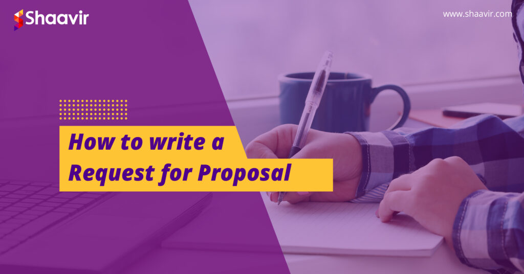 A person writing in a notebook, with the text “How to Write a Request for Proposal” displayed prominently.