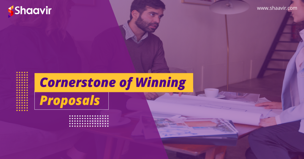 Two professionals discussing proposals with the text ‘Cornerstone of Winning Proposals’ displayed