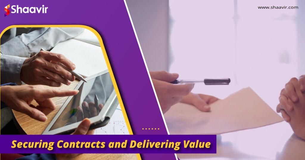 Two images depicting the process of securing contracts, with a digital tablet and a physical document, representing the value delivered by Shaavir.