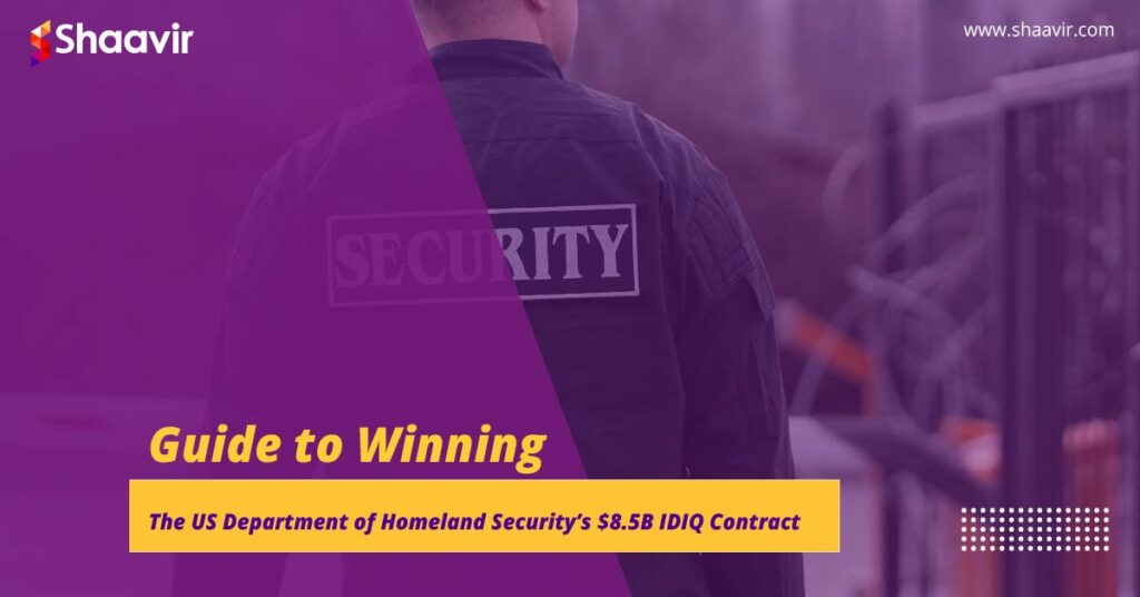 A security personnel image with overlaid text promoting a guide on winning the US Department of Homeland Security’s contract